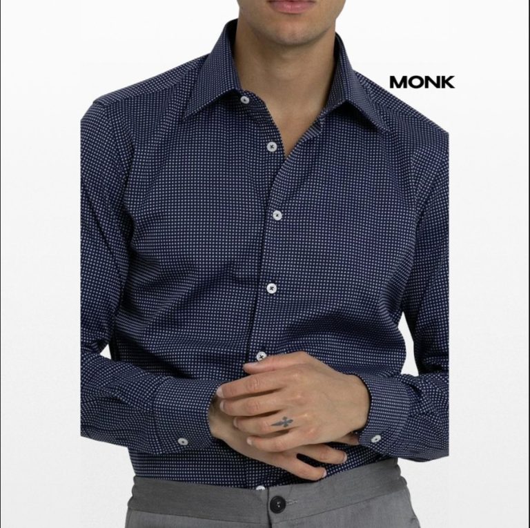 Shirt creative with the MONK brand logo added automatically from the product feed